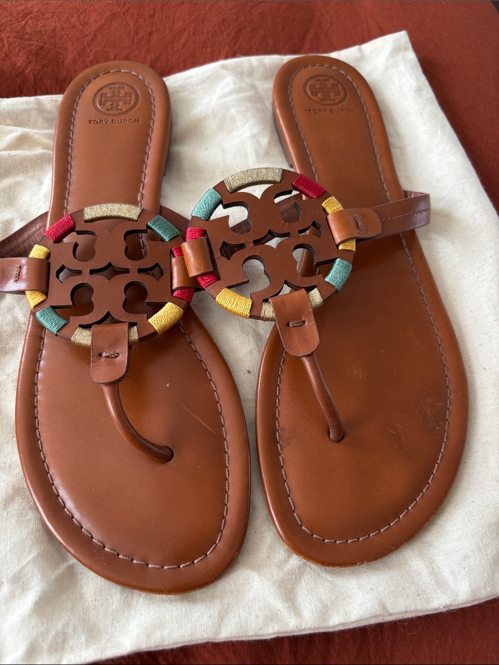 Tory Burch Brown Leather Miller Thong Sandals with Multicolor Trim